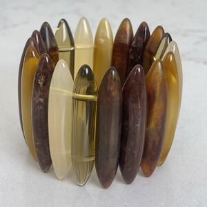 Vintage Amber,  Brown and Pearl Tone Lucite Stretch Acrylic CUFF BRACELET Retro
